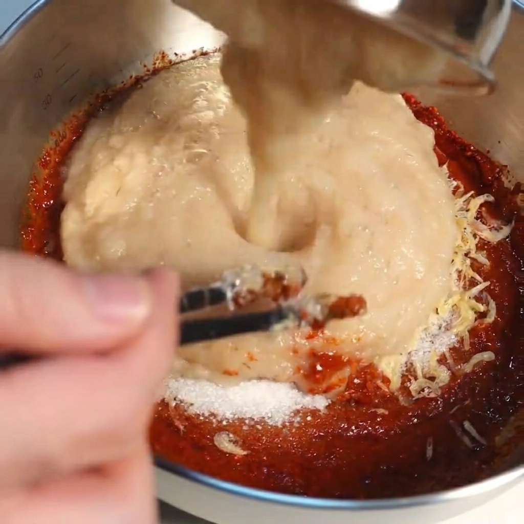 A smooth, light-colored fruit and vegetable puree being poured into a large bowl of red kimchi spice paste.
