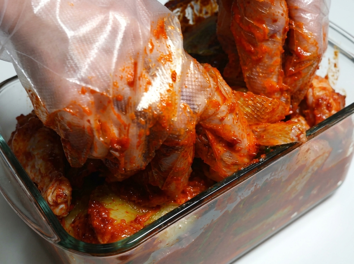 Napa cabbage coated in spicy red chili paste being packed into a glass container.
