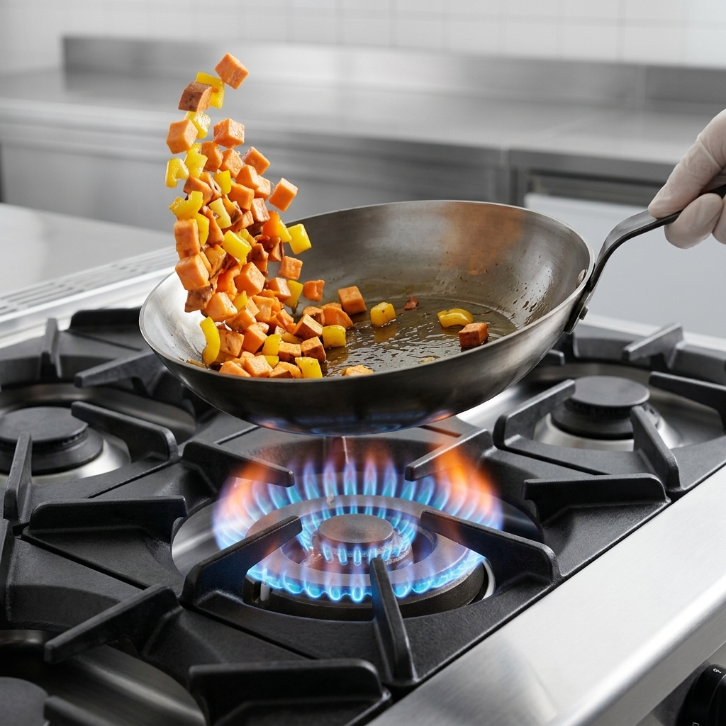 Secret sauce being drizzled over the stir-fried mixture in the pan.