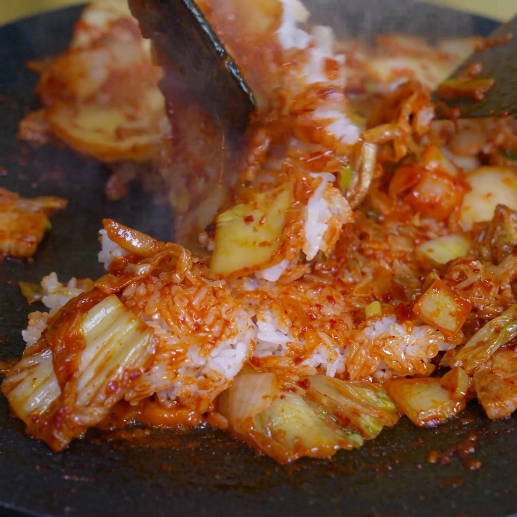 A close-up shot of rice and kimchi being mixed together in the pan with two spatulas.