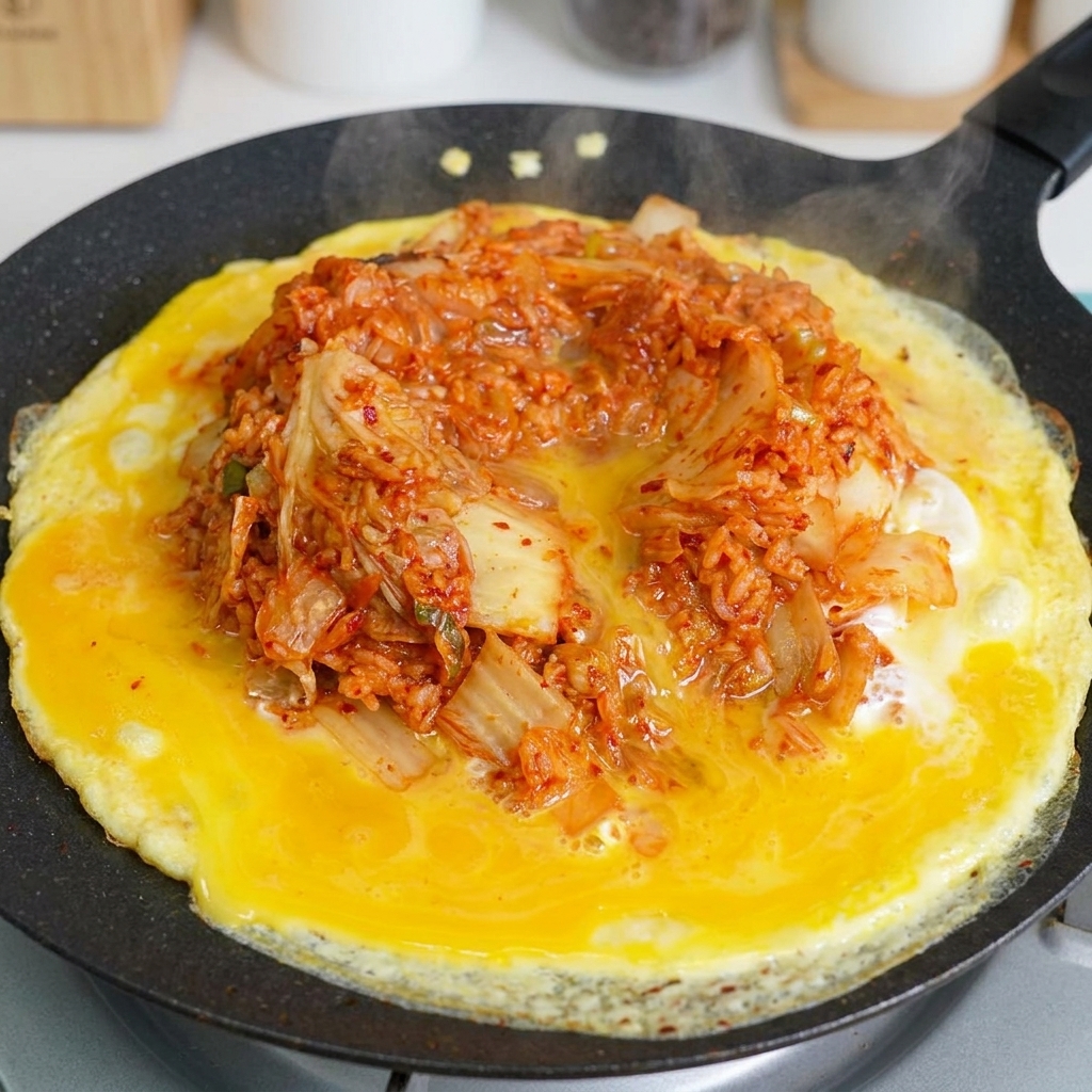 A spatula mixing the kimchi fried rice and scrambled eggs together in a pan.