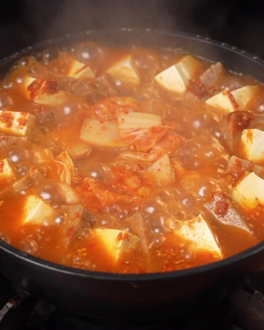 A close-up of a bubbling, vibrant red army stew being garnished with fresh, finely chopped green peppers.