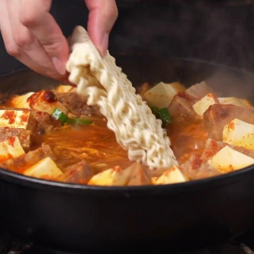 A hand placing a block of dry instant noodles into a simmering pot of spicy red vegetarian army stew.