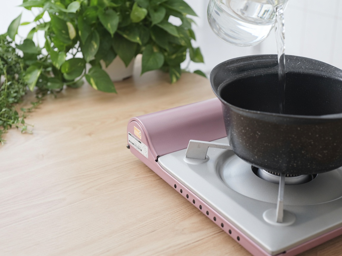 Water being poured into a black pot set on a pink portable gas stove.
