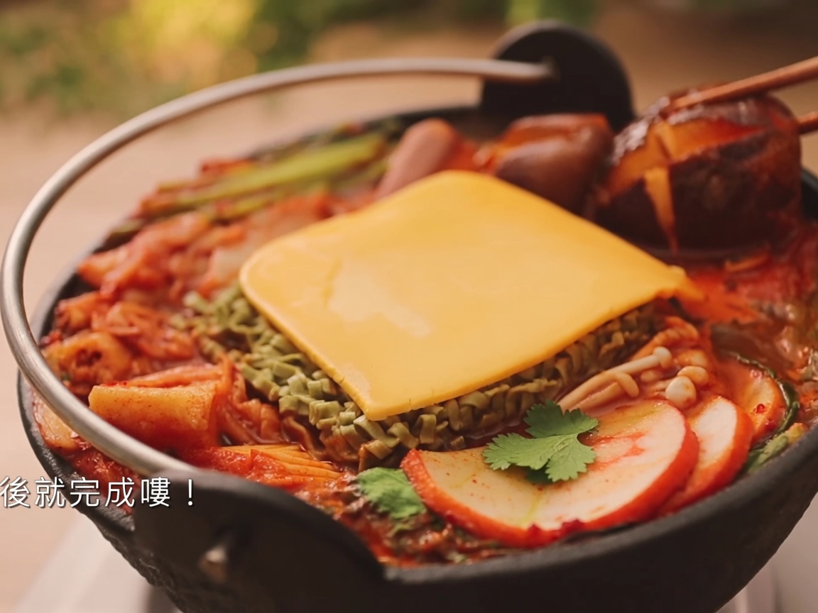 Korean chili paste being stirred into the aromatic soup base in a cooking pot.