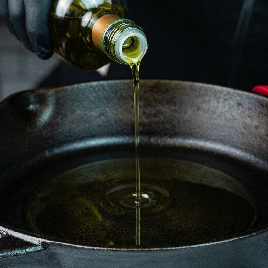 A close-up of olive oil coating the bottom of a hot, preheated cast iron skillet.