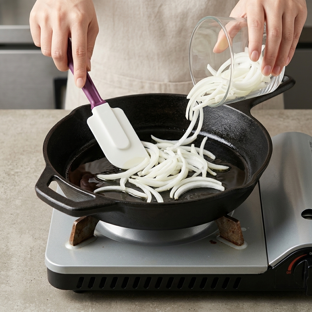 Onions softening and turning golden while being stirred in a cast iron pan.