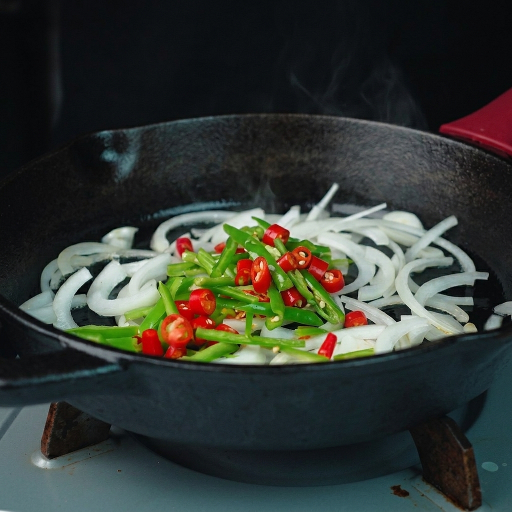 Vibrant green bell pepper strips and bright red chili peppers sautéing alongside the onions in the skillet.