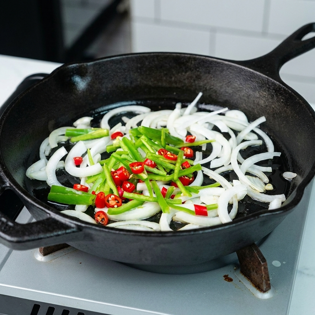 A chefs hand seasoning the colorful sautéed vegetable medley in the pan with salt and pepper.