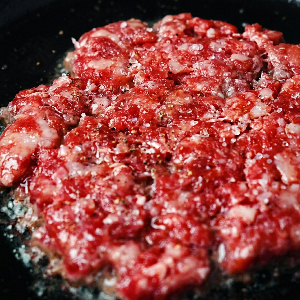 A raw seasoned ground beef patty sizzling in a hot cast-iron skillet.
