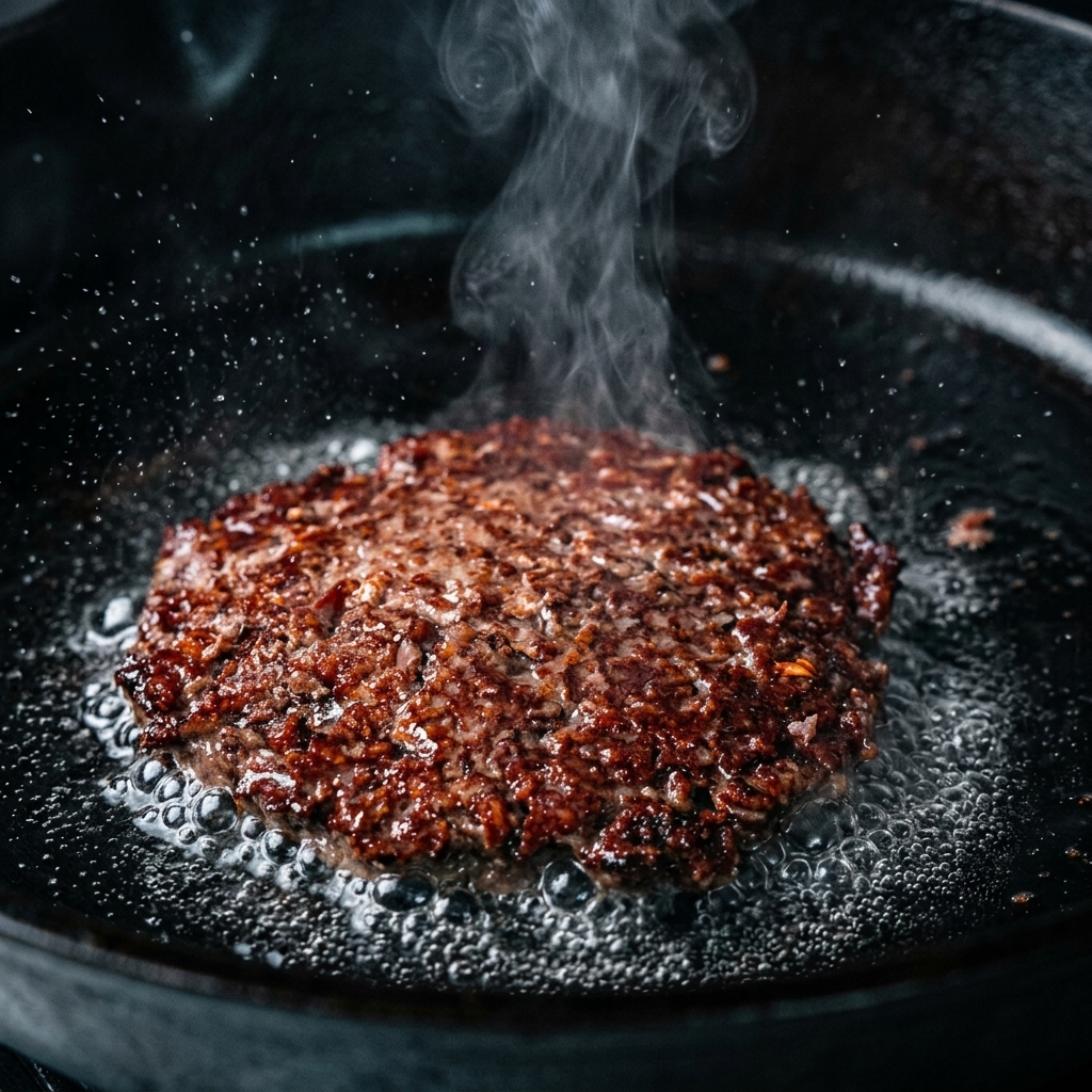 A perfectly melted slice of cheese covering a browned, juicy beef patty in a skillet.