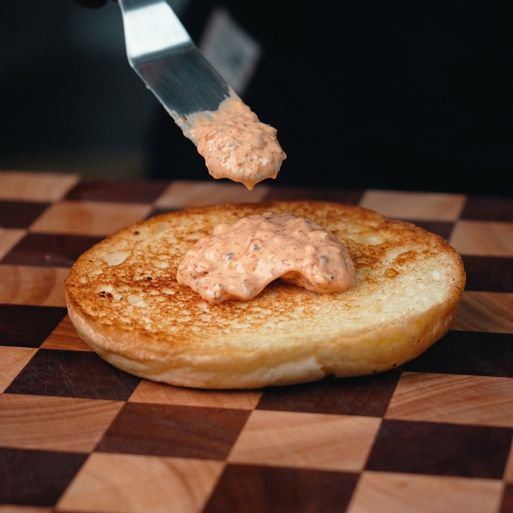 A toasted burger bun base being topped with spicy sauce and creamy mashed avocado.