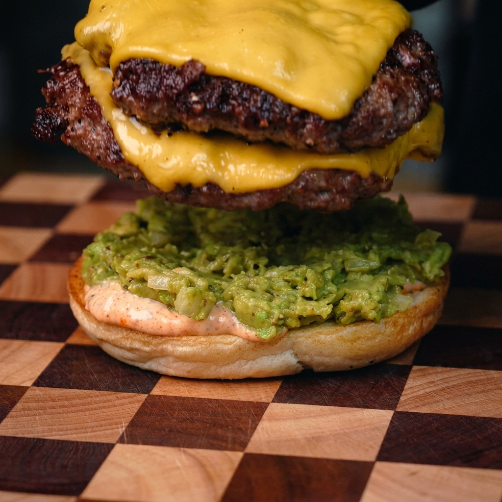 A double beef patty with melted cheddar cheese being stacked onto a bun spread with mashed avocado.