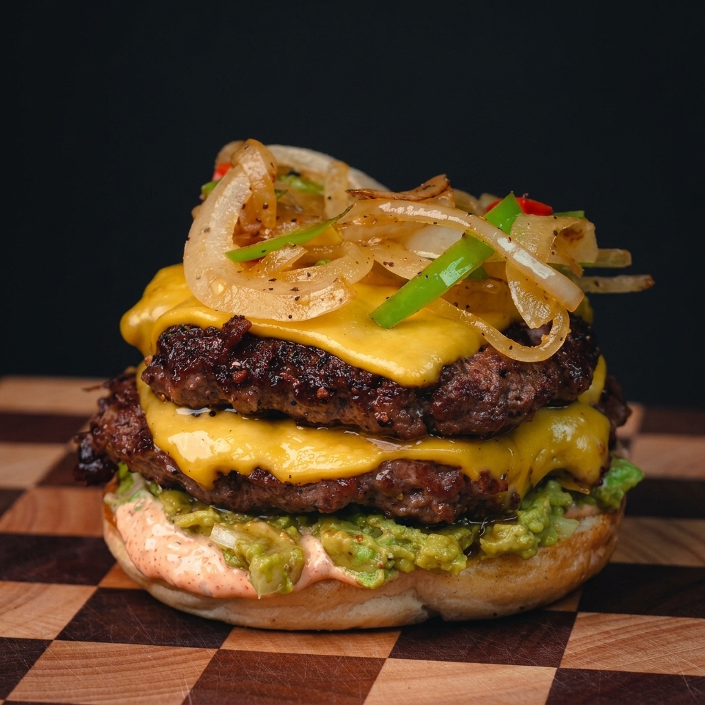 The top bun being placed onto a fully assembled double cheeseburger with sauteed onions and peppers.