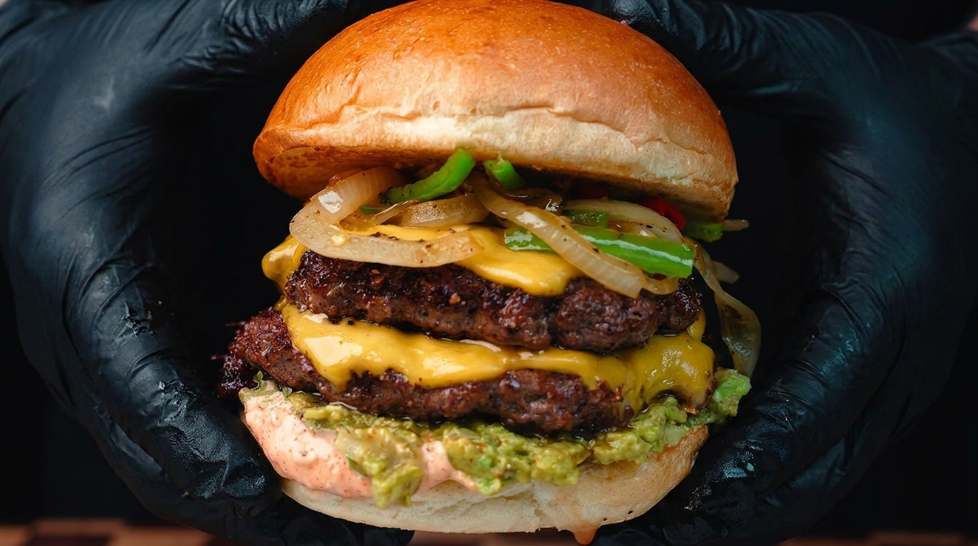 A double cheeseburger featuring spicy peppers, sautéed onions, and creamy avocado, held in gloved hands.