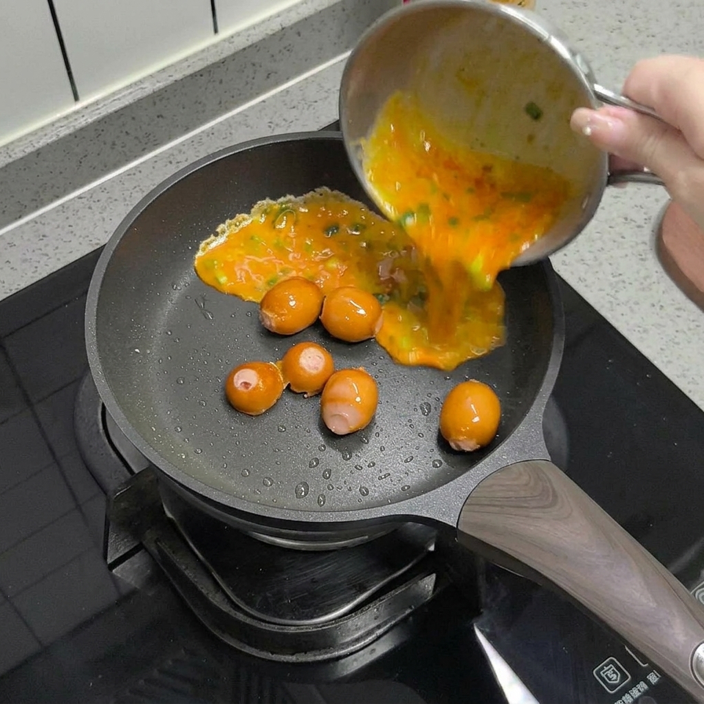 Whisked egg mixture being poured from a small pot into a frying pan with cooked sausage pieces.