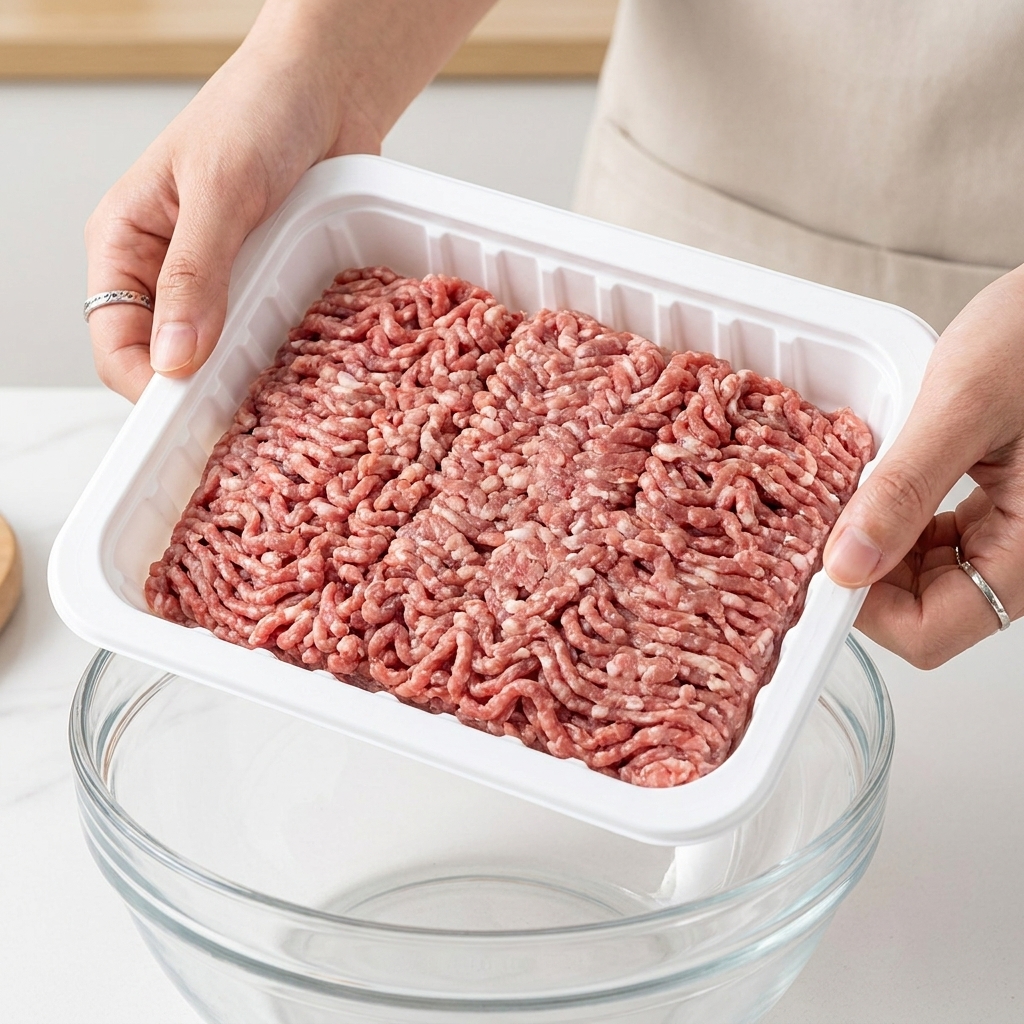 A person adding a tray of raw mixed minced meat into a large glass bowl.