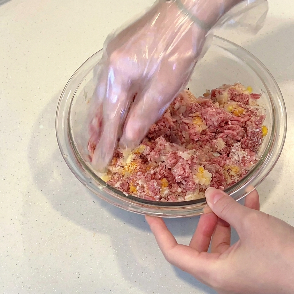 A gloved hand kneading and mixing raw minced meat with seasonings in a glass bowl.