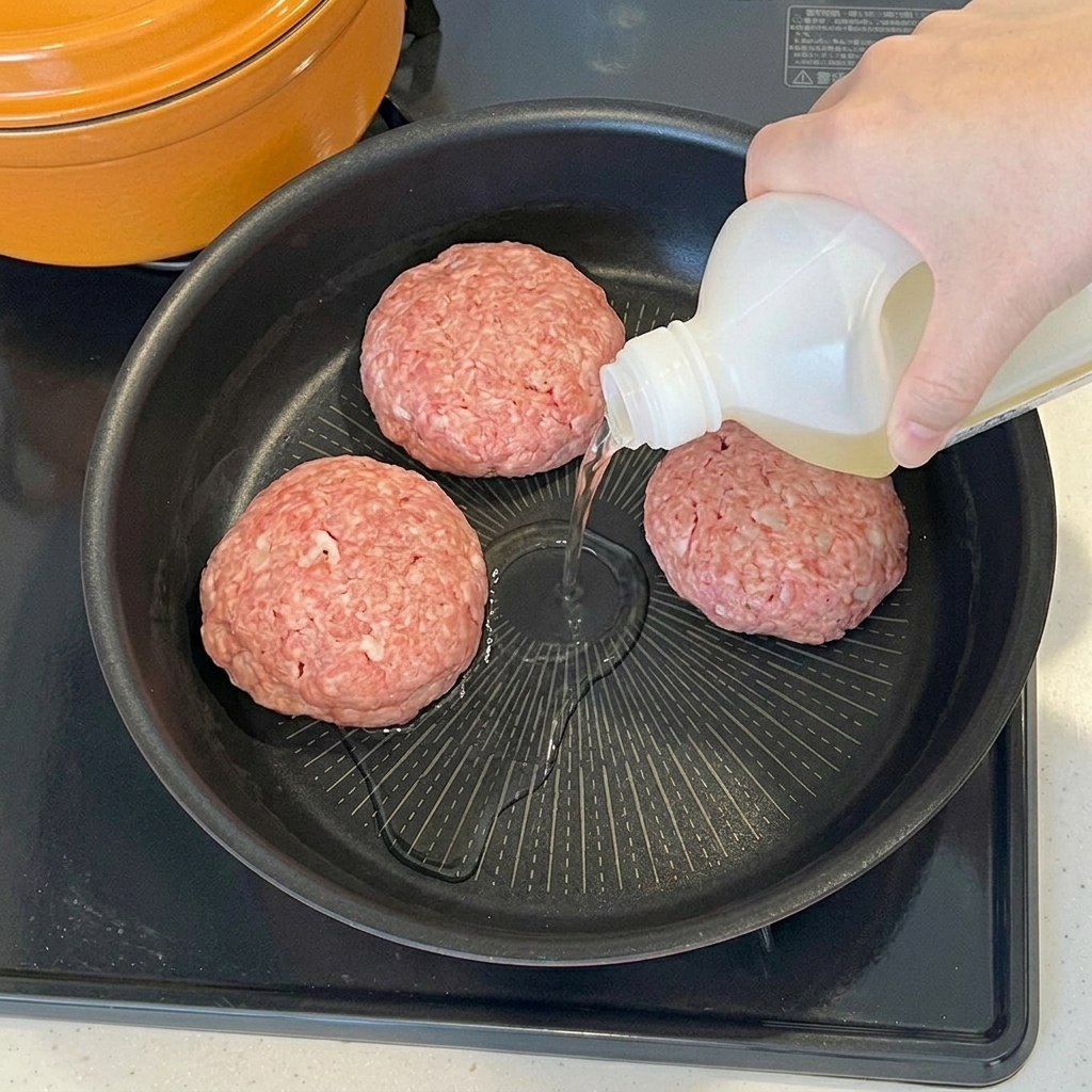 Cooking oil being poured from a bottle into a skillet containing raw hamburg patties.