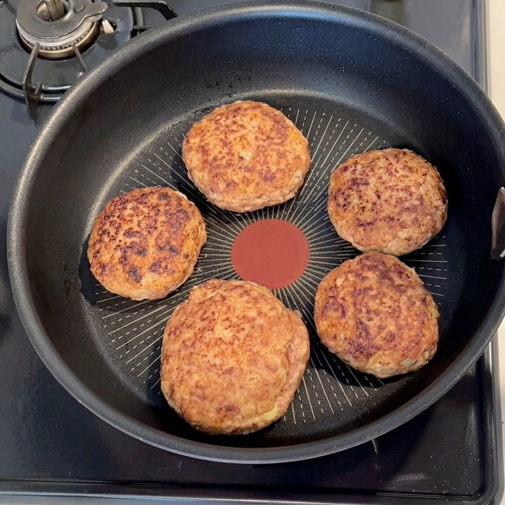 Water being poured into a pan with browned hamburg steaks sitting in it.