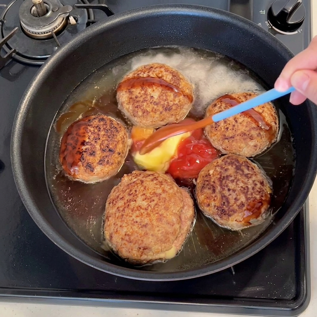 Tonkatsu sauce, ketchup, butter, and seasonings being added to the pan with the hamburg patties.