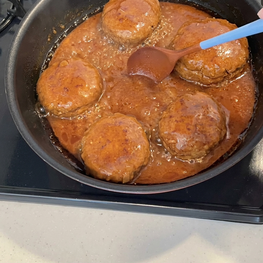 A thick, glossy sauce bubbling in a pan with hamburg patties, being reduced over heat.