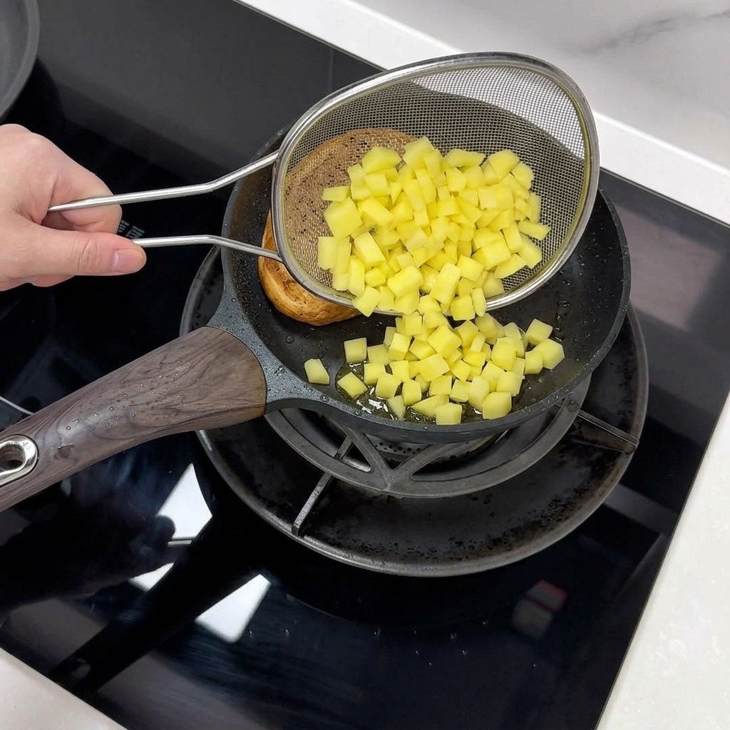 Diced potatoes being poured from a metal wire strainer into a pan containing a burger bun.