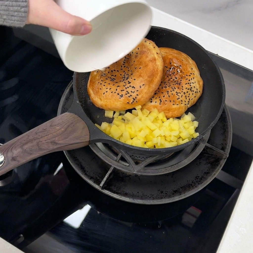 Water being poured from a small white bowl into a frying pan containing diced potatoes and sesame buns.