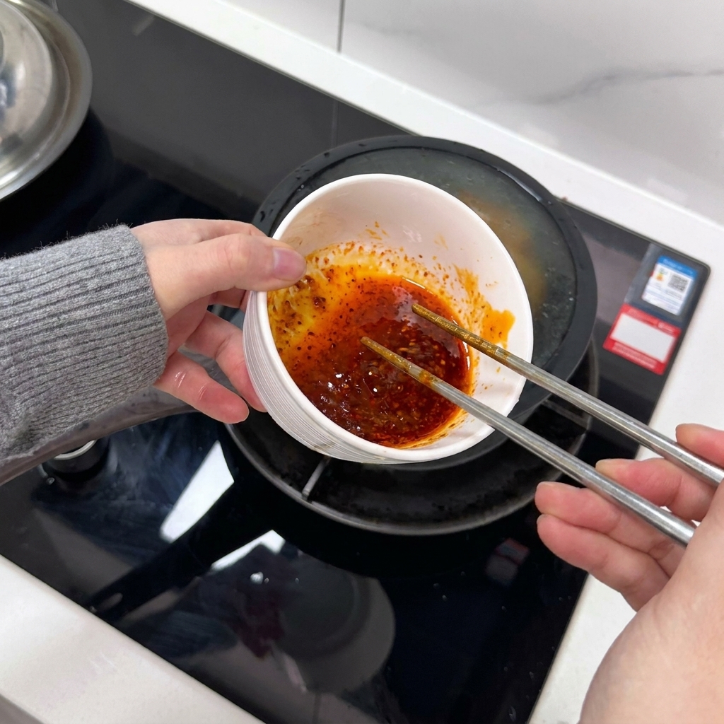 A hand holding a white bowl and whisking a mixture of eggs and red chili sauce with chopsticks.