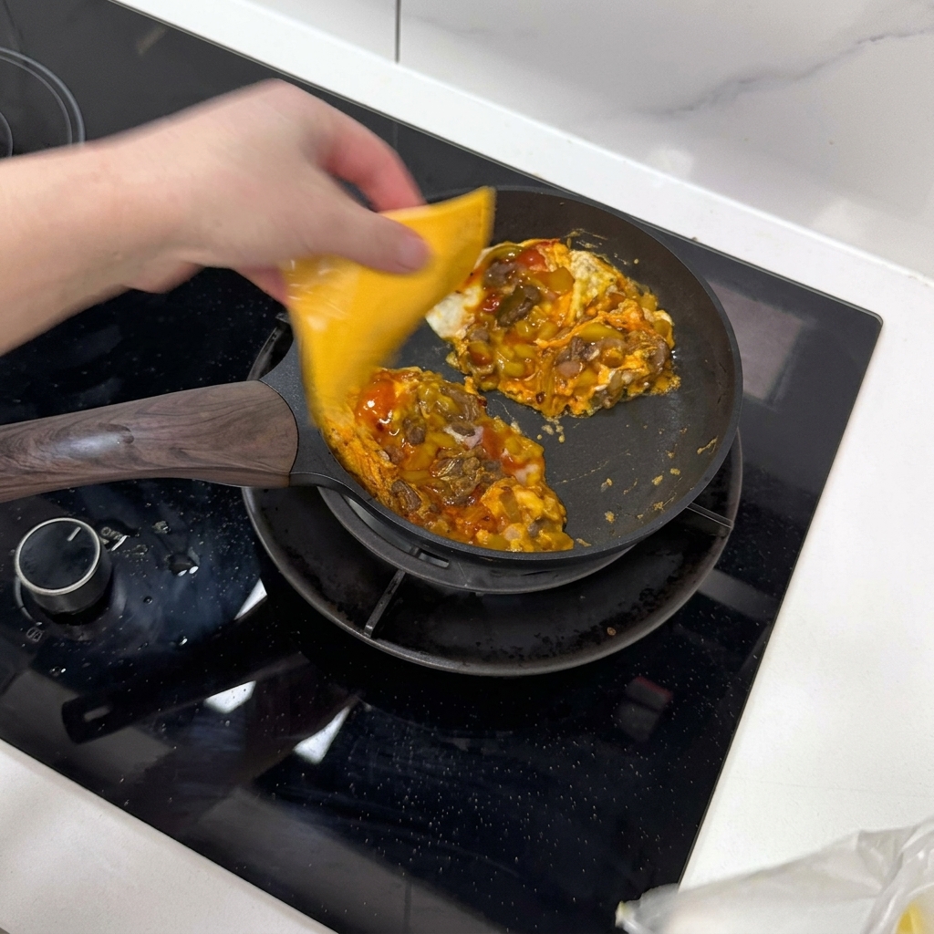 Two slices of yellow cheddar cheese sitting atop two cooking egg and beef patties in a pan.