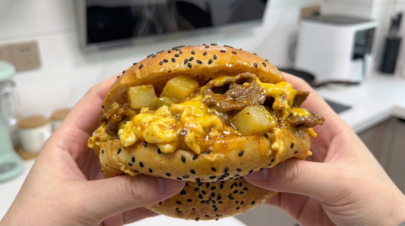 A toasted black sesame bun generously stuffed with a juicy mixture of beef, egg, diced potatoes, and melted cheese.