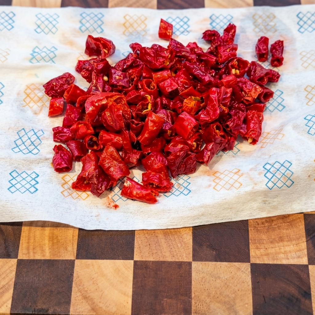Softened red chili skins finely diced and gathered on a paper towel over a wooden cutting board.