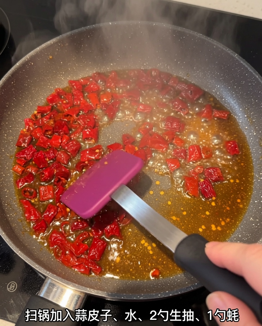 Diced chili skins simmering in a pan with a flavorful soy-based sauce mixture.