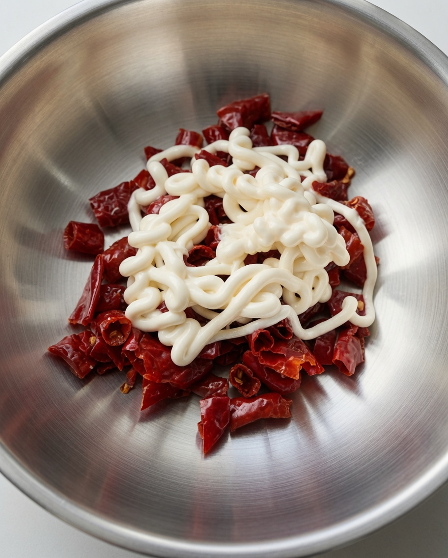 Cooked diced red chili skins topped with squiggles of mayonnaise in a stainless steel bowl.