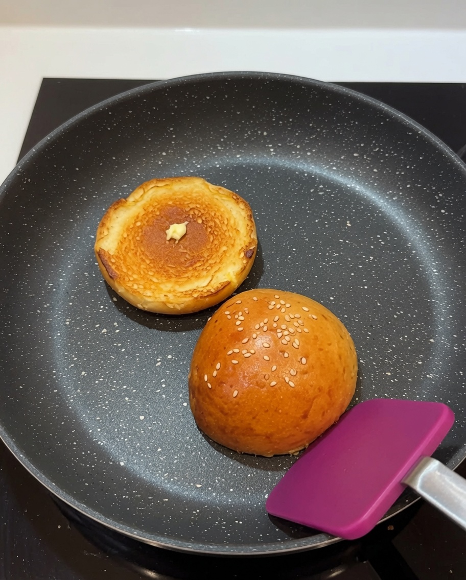 Burger bun halves toasting in a pan with melted butter until golden brown.