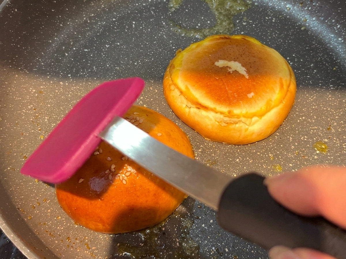 A juicy beef patty searing in a hot pan, developing a rich browned crust.