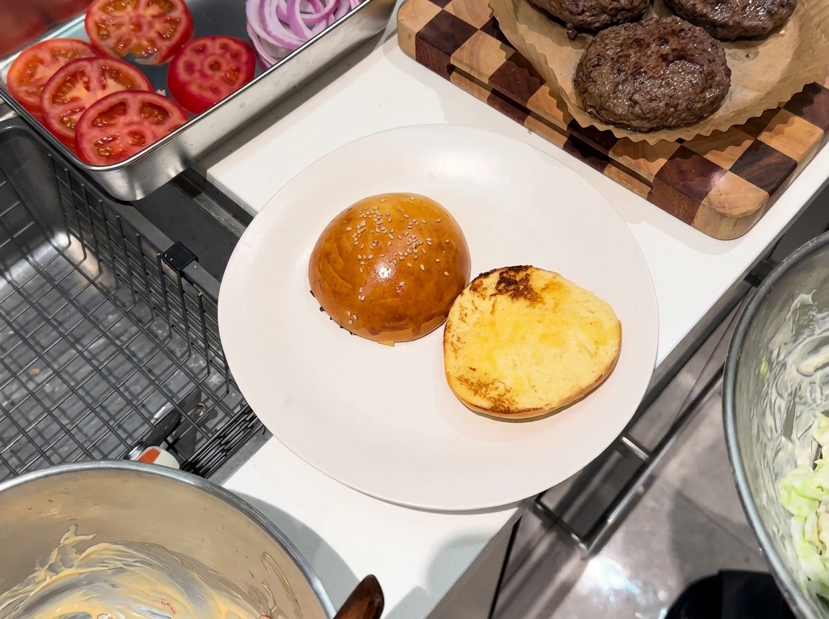 A perfectly assembled burger on a plate, featuring fresh lettuce, a beef patty, sliced tomatoes, and spicy chili sauce.