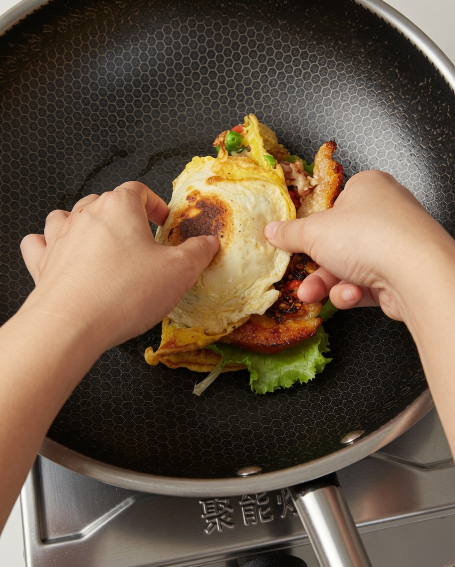 Two hands folding a loaded omelet and bun assembly in half to form a thick burger in a wok.