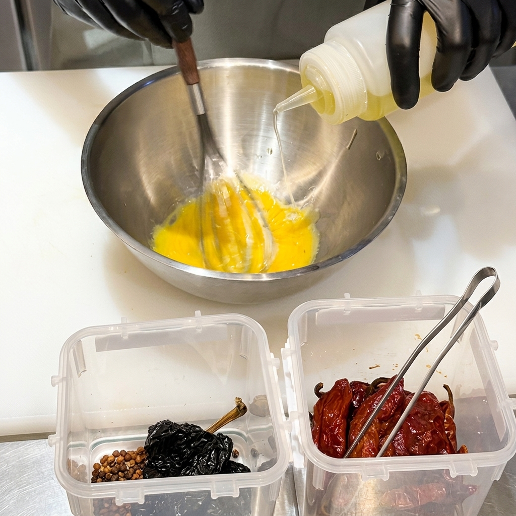 Whisking egg yolks while pouring oil to create mayonnaise.