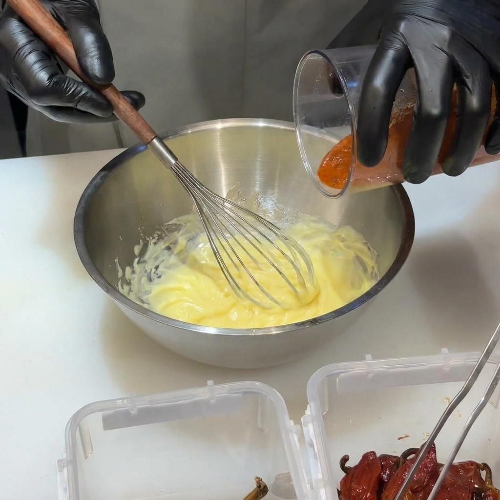 Chili sauce being whisked into a creamy mayonnaise base.