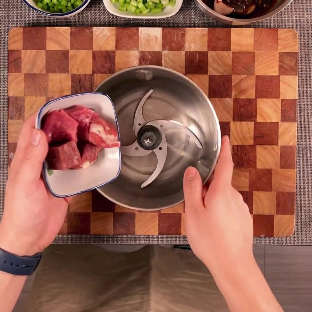 Beef, pork, onion, and green pepper pieces inside a metal food chopper bowl with blades.