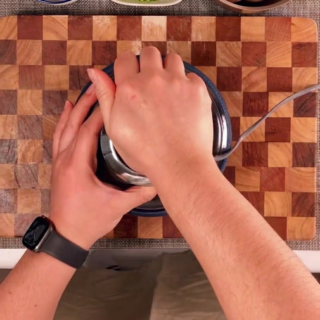 A pair of hands mixing ground meat and chopped vegetables in a stainless steel bowl.