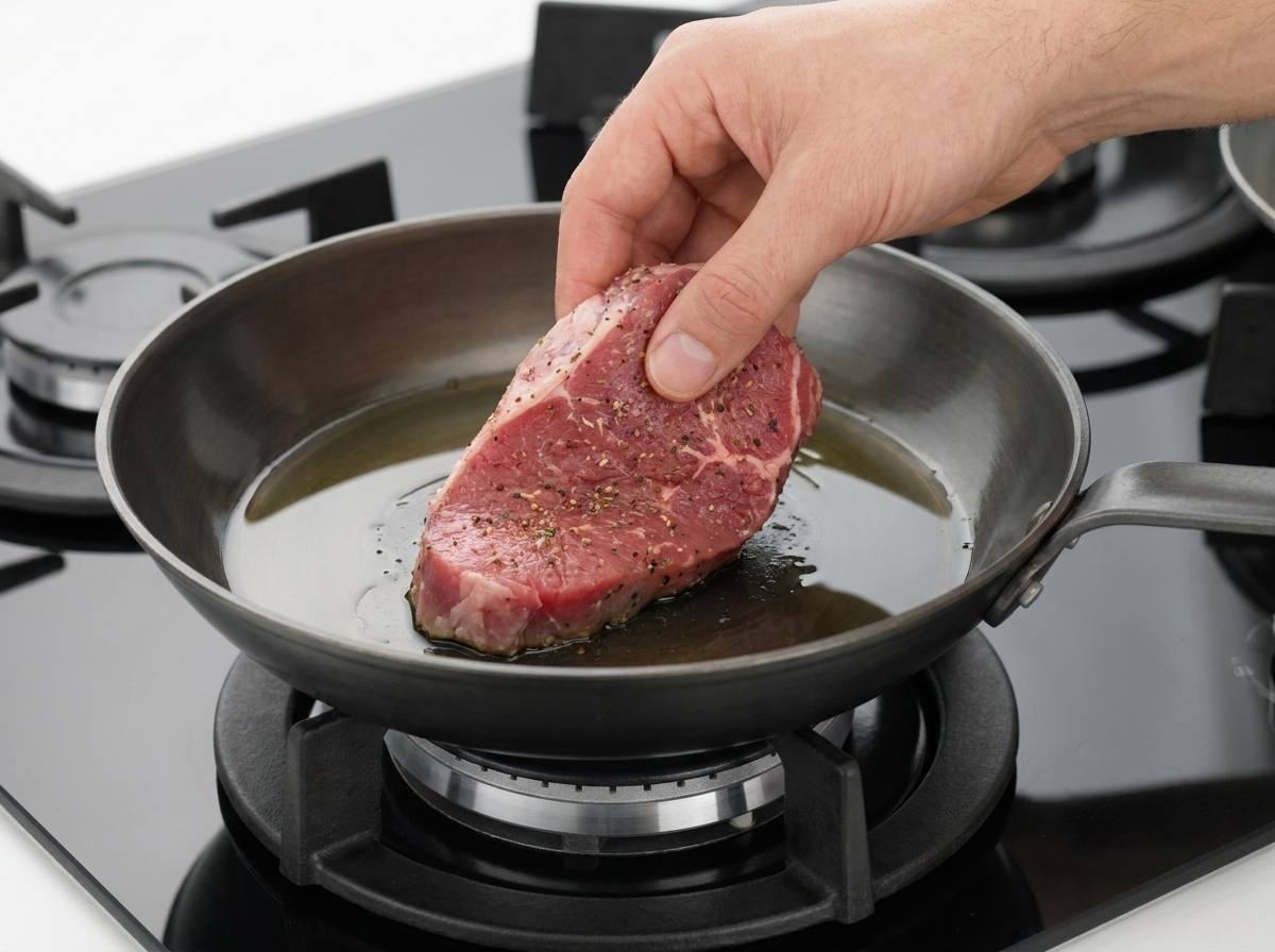A raw, seasoned meat patty being placed into a hot, oiled stainless steel pan on a stovetop.