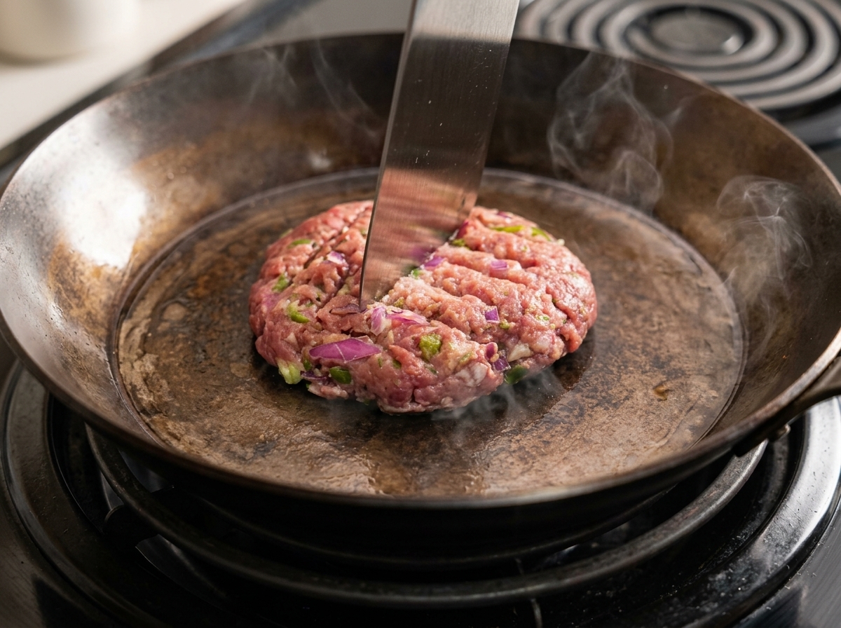 A metal spatula scoring a grid pattern on the surface of a cooking meat patty in a frying pan.