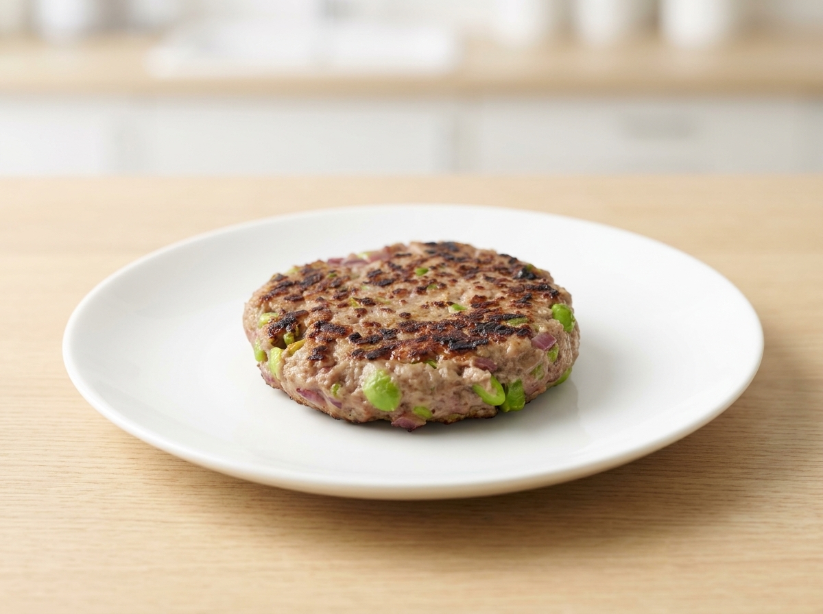A pat of butter melting on top of a browned meat patty in a skillet.