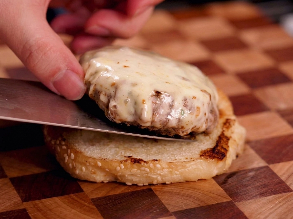A spatula transferring a cooked meat patty covered in melted white cheese onto a toasted sesame seed bottom bun.