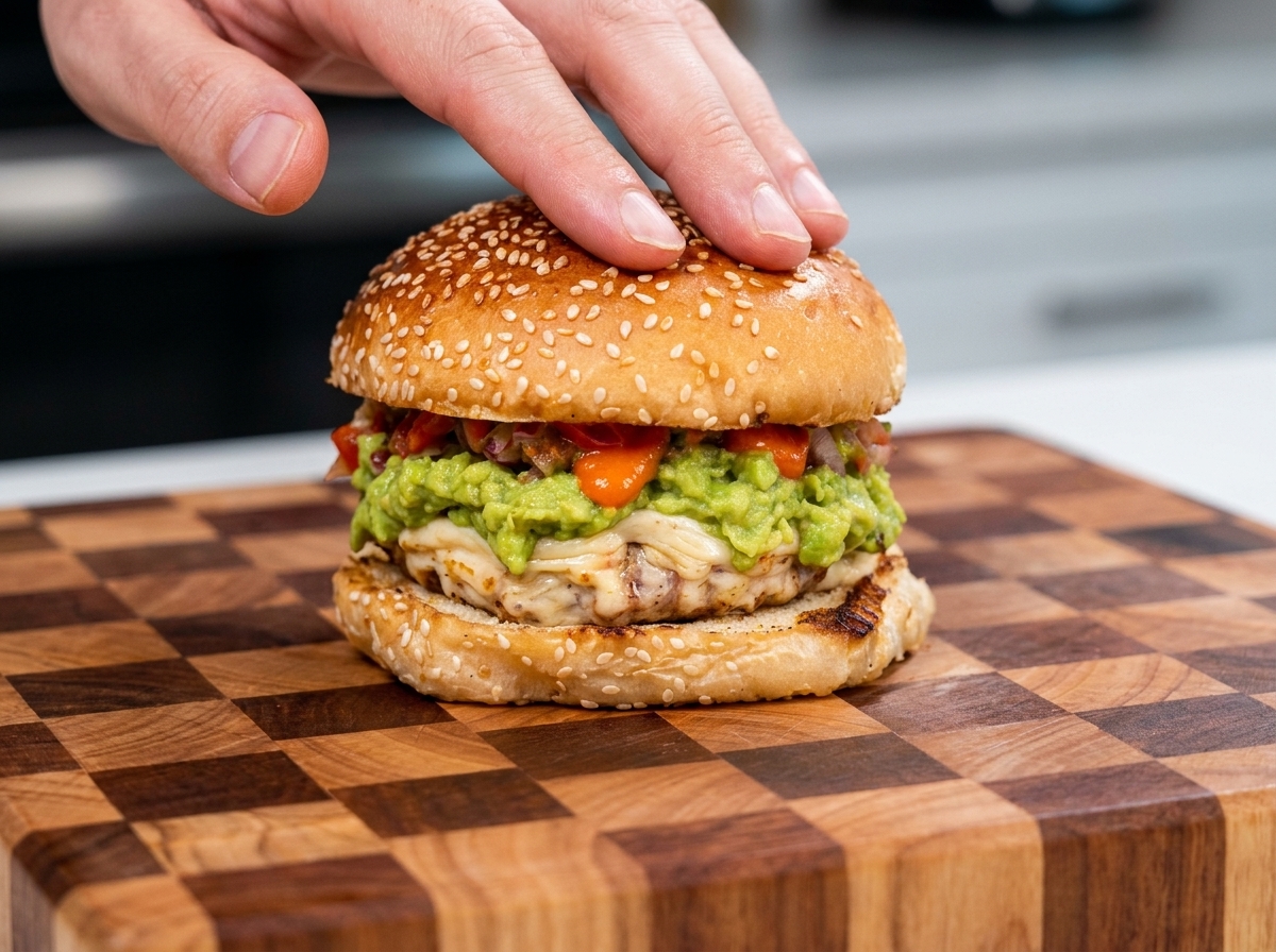 A hand placing the top half of a sesame seed bun onto a fully loaded burger.