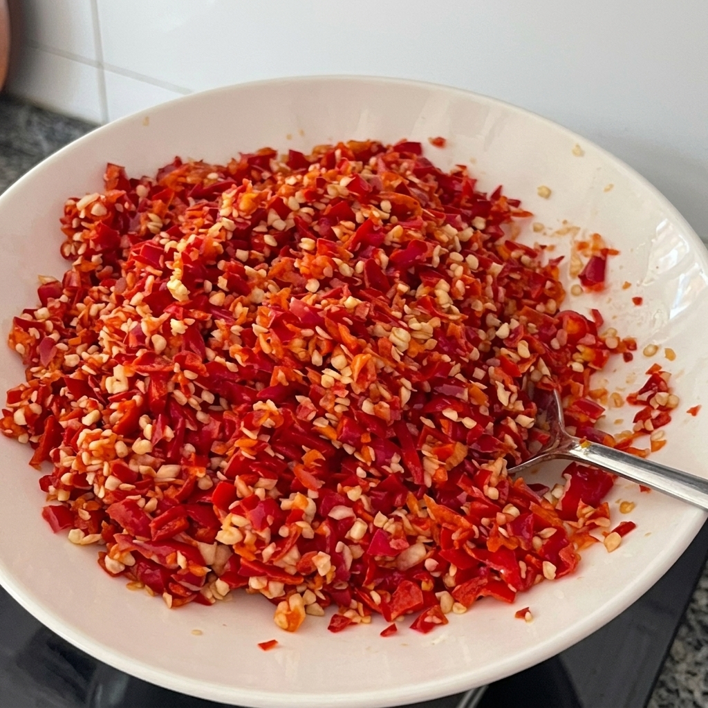 Chopped red birds eye chilies and minced garlic combined in the melted butter.