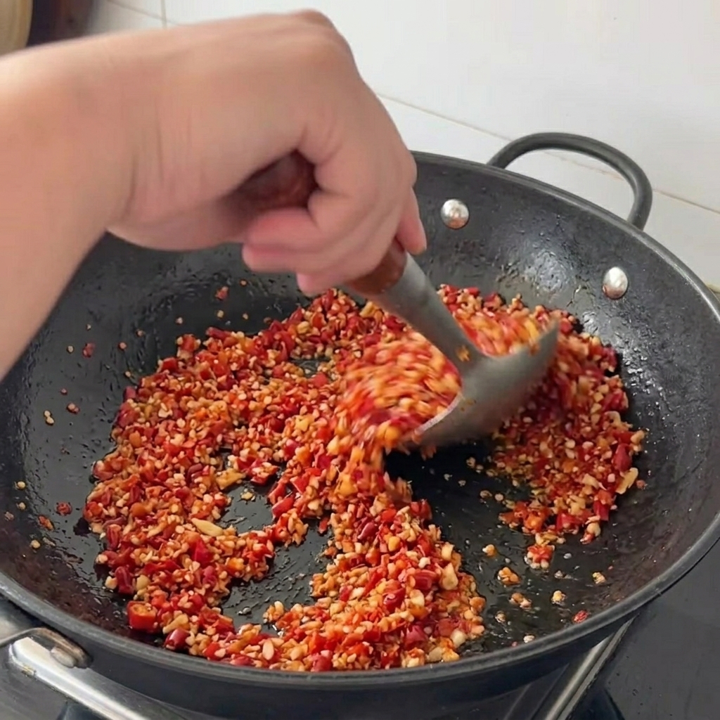 Chili and garlic mixture being stir-fried in the wok with a large metal spatula.