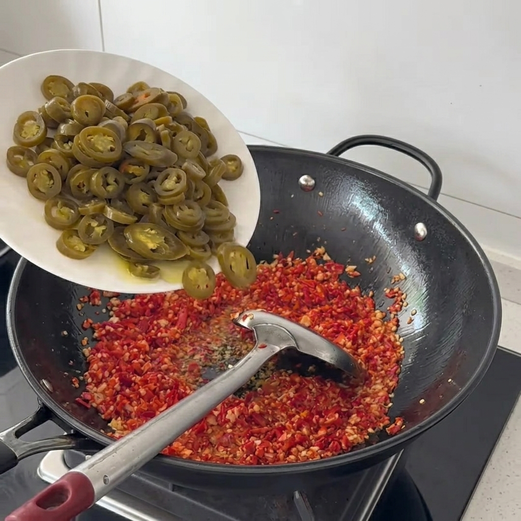 Pickled green jalapeño slices being added to the stir-frying chili mixture in the wok.